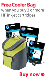Free Cooler back pack when you buy 3 or more of the same HP inkjet cartridge