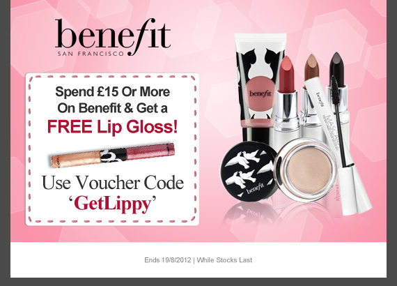 FREE Benefit Lip Gloss when you spend £15 or more on delectable goodies from Benefit